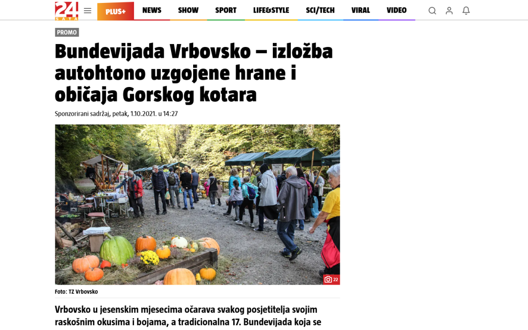 Članak 24.sata.hr -Bundevijada Vrbovsko – izložba autohtono uzgojene hrane i običaja Gorskog kotara, 01.10.2021. godine