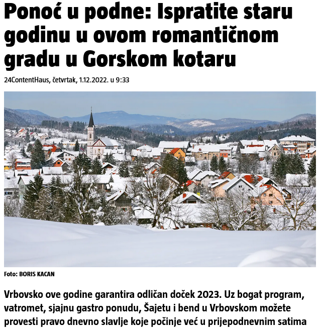 Članak 24sata.hr – Ponoć u podne: Ispratite staru godinu u ovom romantičnom gradu u Gorskom kotaru