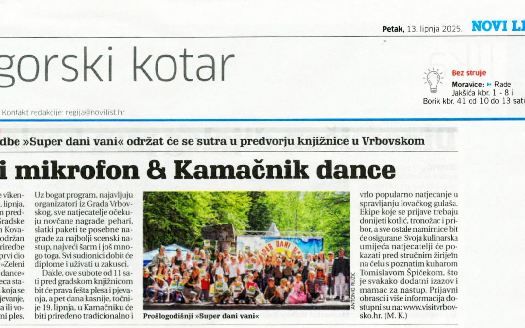 Članak NL-ZelČlanak Novog lista – Zeleni mikrofon & Kamačnik dance održat će se sutra u predvorju knjižnice u Vrbovskomeni mikrofon & Kamačnik dance održat će se sutra u predvorju knjižnice u Vrbovskom, 13.06.2025. go